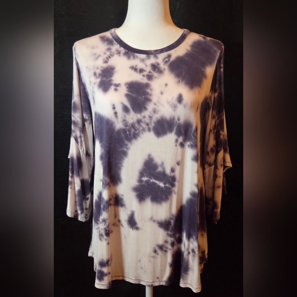 "Survival" White And Pueple Tunic 3/4 Inch Sleeves With A Purple & White Pattern